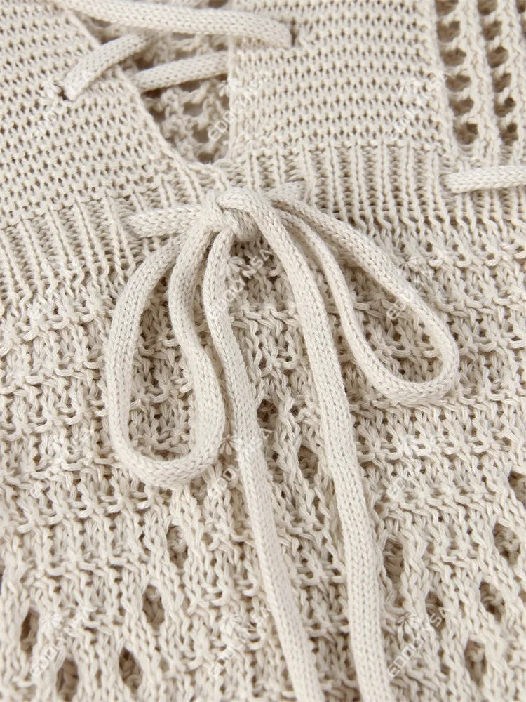 Sexy Deep V-neck Lace-up Bell Sleeve Knit Mesh Hollow Out Beach Mini Dress 2025 Summer Swimsuit Cover Up Women Casual Tunic K14 Luxlife Brands