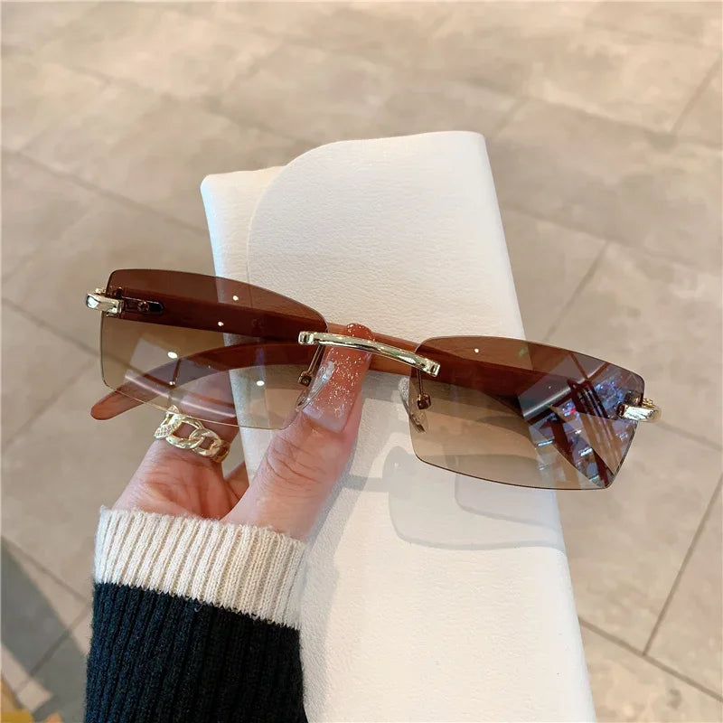 KAMMPT Rimless Sunglasses For Men Women Wooden Pattern Luxury Brand Retro Sun Glasses Fashion Shades UV400 Travel Outdoor Luxlife Brands