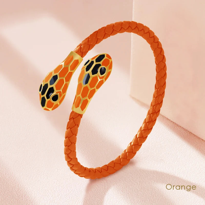 Double Snake Head Cuff Bangles Braided Leather