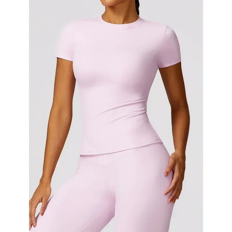 Seamless Yoga Set Women Pink Short Sleeve Top with High Waist Leggings Two Piece Workout Clothes Sports Fitness Gym Sets