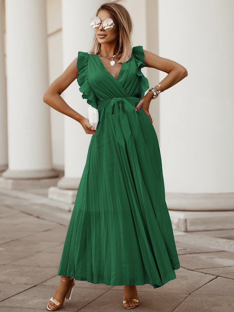 Fashion Elegant Women Dress Sleeveless V neck Long Summer Dress Sexy Pleat Party Dress Female Chiffon Maxi Green Dress With Belt