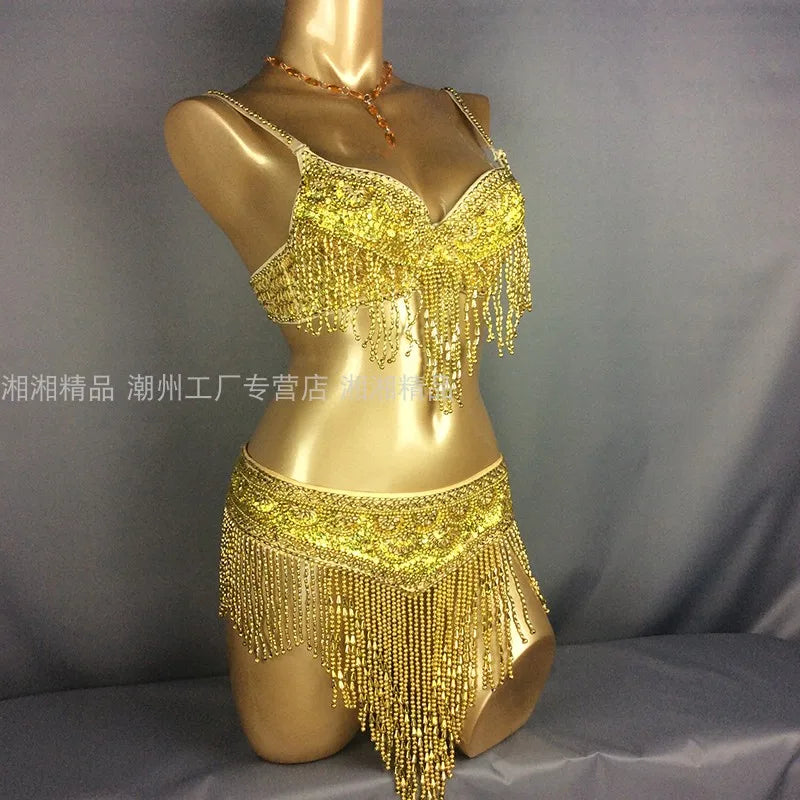 The Stardust Cabaret 2-Piece Ensemble – Luxury Sequin Fringe Bra & Belt Set