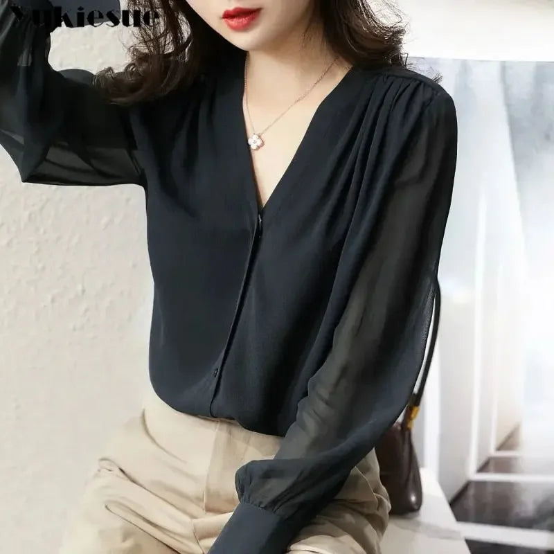 Spring Summer Elegant blouse women Korean Chiffon Shirt Women Long Sleeve Ruffled Women&#39;s shirts and blouses Office Lady Tops