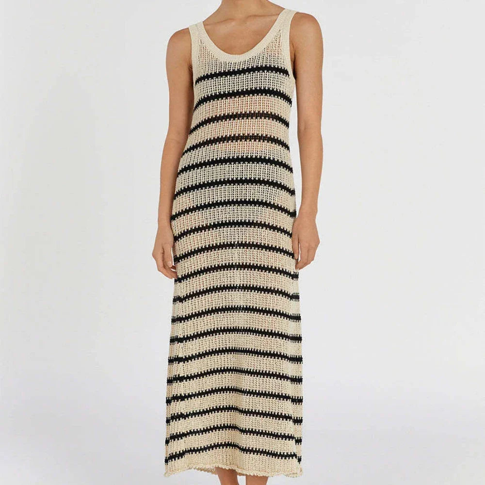 Black Striped Knitted Beach Dress Women Elegant Causal Loose Long Holiday Dresses Summer Sleeveless Bikini Cover Up Dress 2024 LUXLIFE BRANDS