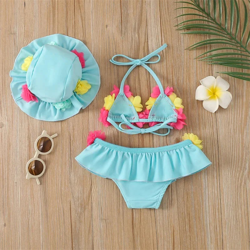 Infant Baby Girl Swimsuit 3D Flower Sleeveless Halter Tank Top Bikini Bottom with Sun Hat Set 0-24M