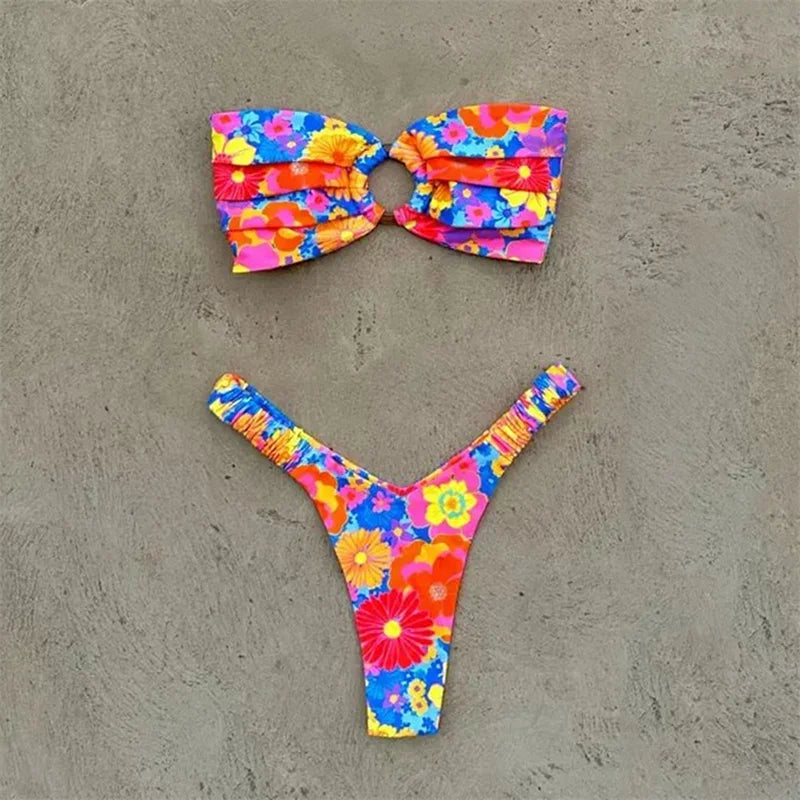 Para Praia Print Bandeau Swimsuit 2023 Sexy Thong Swimwear Women Brazilian Bikini Set Strapless Biquini Beachwear Bathing Suit LUXLIFE BRANDS