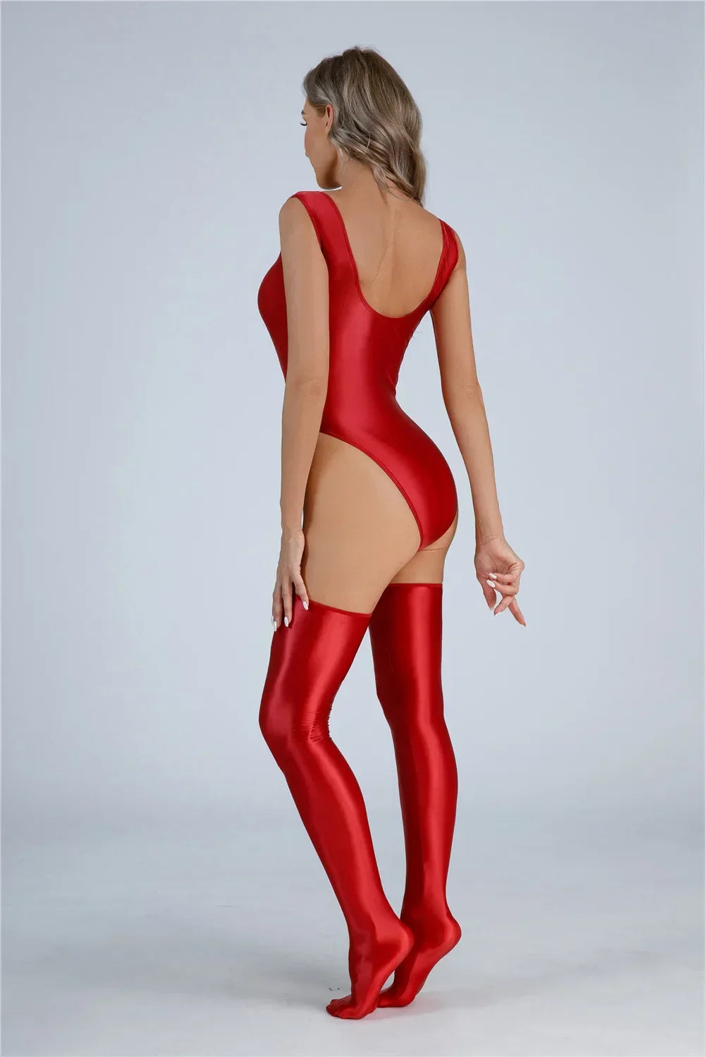 Women Candy Color Oil Glossy Elastic Bodysuit Bodycon Rompers One-piece Swimsuit Silky Tights Satin Backless Shaper Sexy Leotard