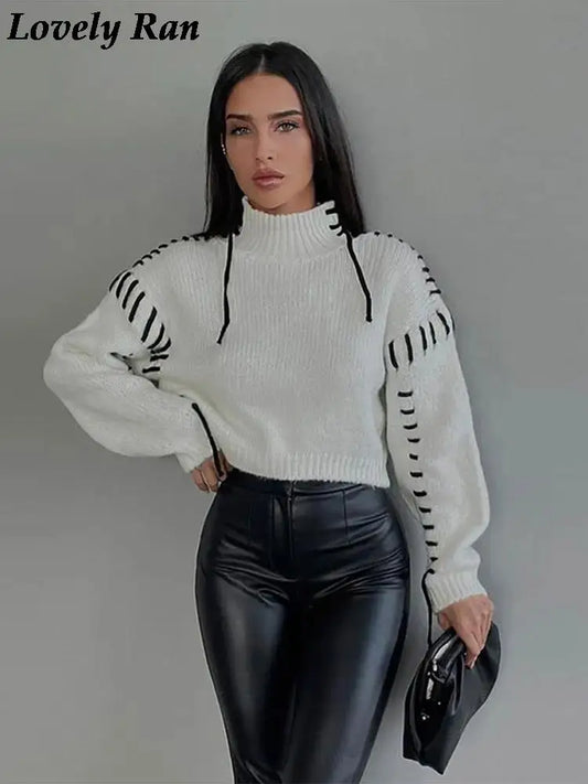 Quilted Turtleneck Contrast Cropped Cashmere Sweater Women's Mohair Long Sleeved Knitted Pullover Jumper Winter Warm Sweaterwear LUXLIFE BRANDS