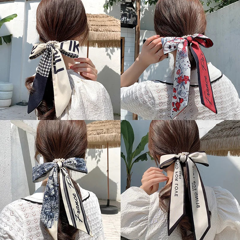 Fashion Pearl Scrunchies Ties Satin Long Ribbon Ponytail hair bundle Silk Floral Summer Hair Bands Accessories For Women Girls LUXLIFE BRANDS