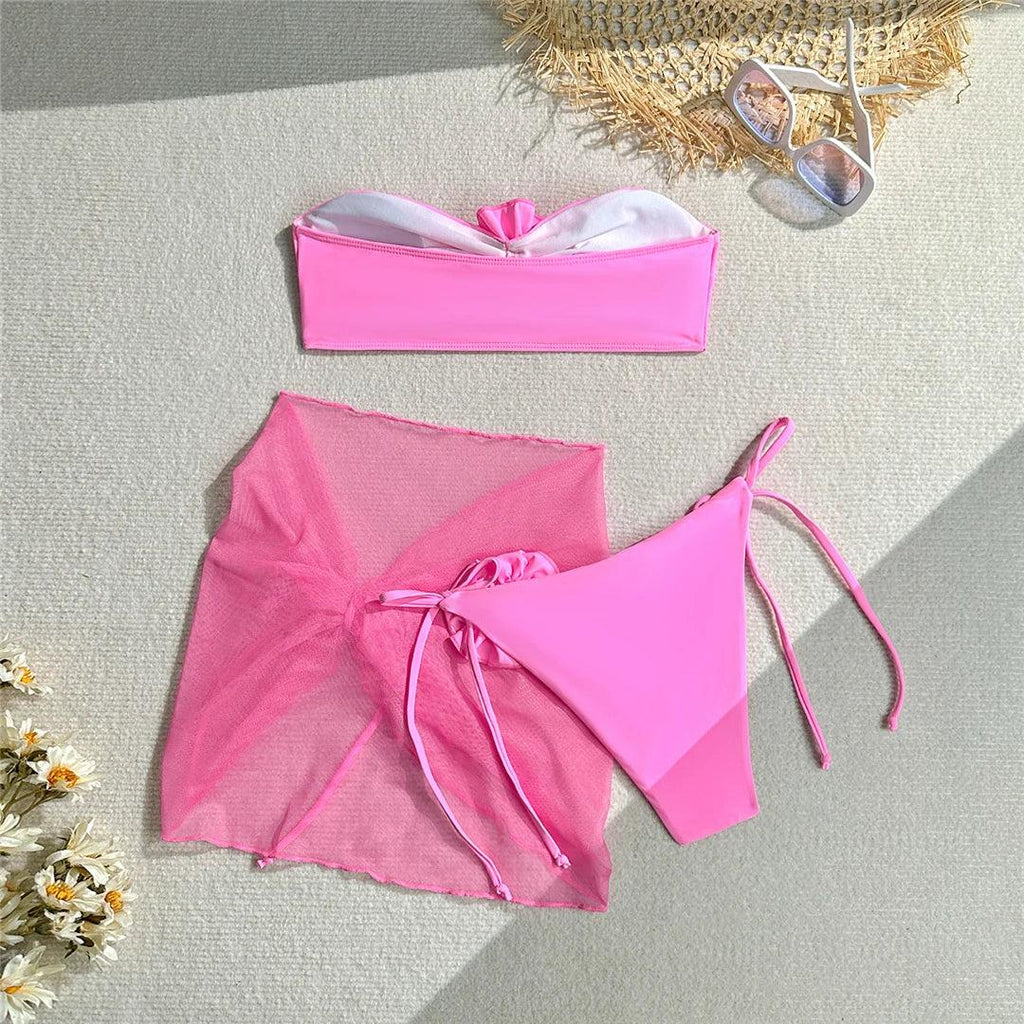 New 3D Flowers With Sarong Bandeau Bikini Female Swimsuit Women Swimwear Three-pieces Bikini set Bather Bathing Suit Swim V5526