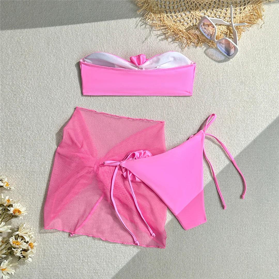 New 3D Flowers With Sarong Bandeau Bikini Female Swimsuit Women Swimwear Three-pieces Bikini set Bather Bathing Suit Swim V5526