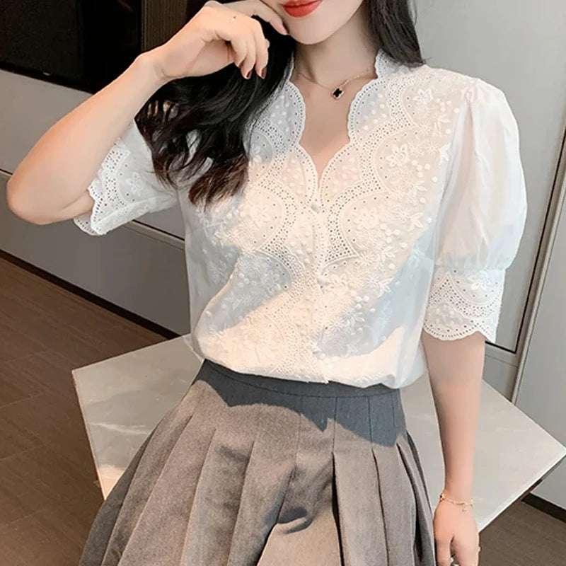 Summer Lace Embroidery Woman Blouse Fashion Hollow Out Stylish Elegant White Shirts Vintage Casual Half Sleeve Tops Blusas 13102