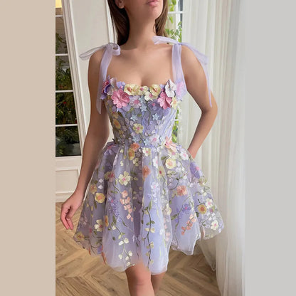 ONEINALL Patchwork Floral Mini Dresses For Women Square Collar Sleeveless Spliced Zipper Hit Color Mesh Dress Female Summer New