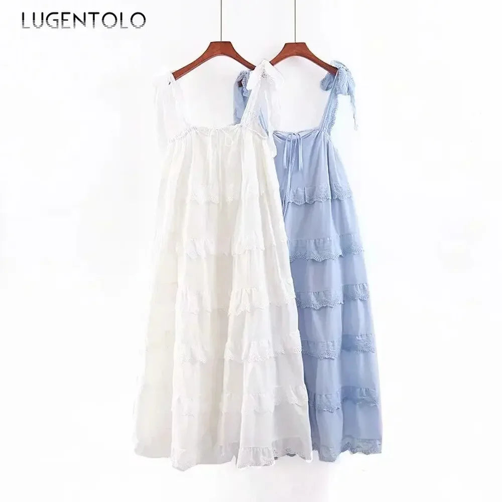 Long Dress Women Bohemian Cake Layer Big Swing Solid Sleeveless Ruffles Spaghetti Strap Strapless Womens Dresses Lugentolo