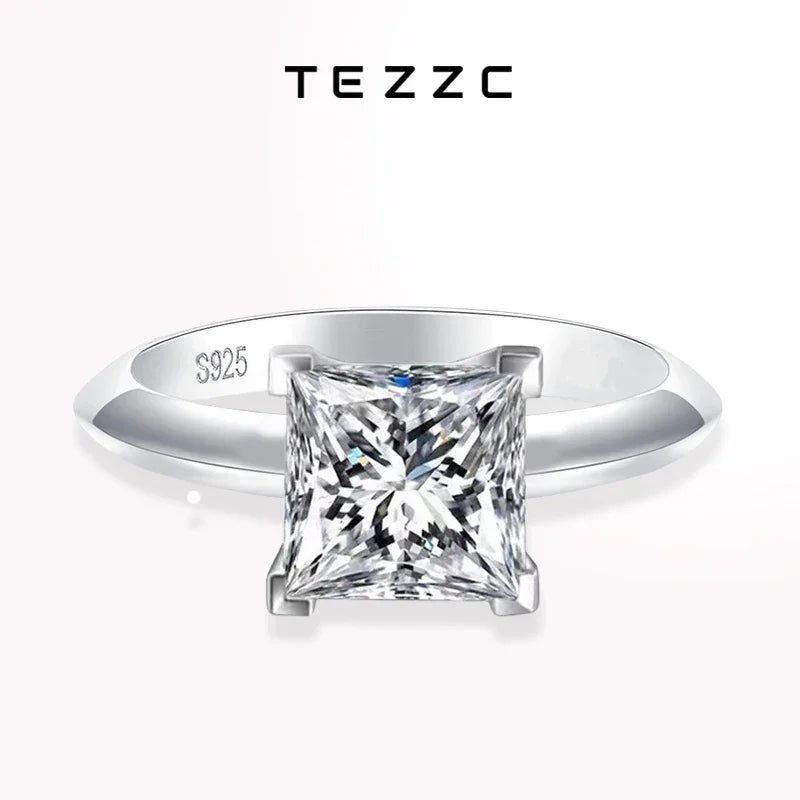 Tezzc 1ct 2ct Princess Cut Moissanite Lab Diamond Ring For Women 925 Sterling Silver Pass Diamond Test Bands Party Wedding Rings