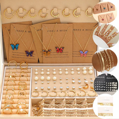 104 Pcs/Set Fashion Necklace Earrings Ring Bracelet Earrings Five in One Jewelry Set For Women Daily Vacation Wearing 2024 New