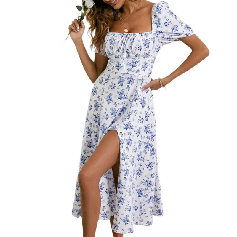 Sexy Backless New Women's Clothing Elegant Floral Dress Spring Summer Retro Puff Square Tie Tie Decorative Red Tie Chic Dress