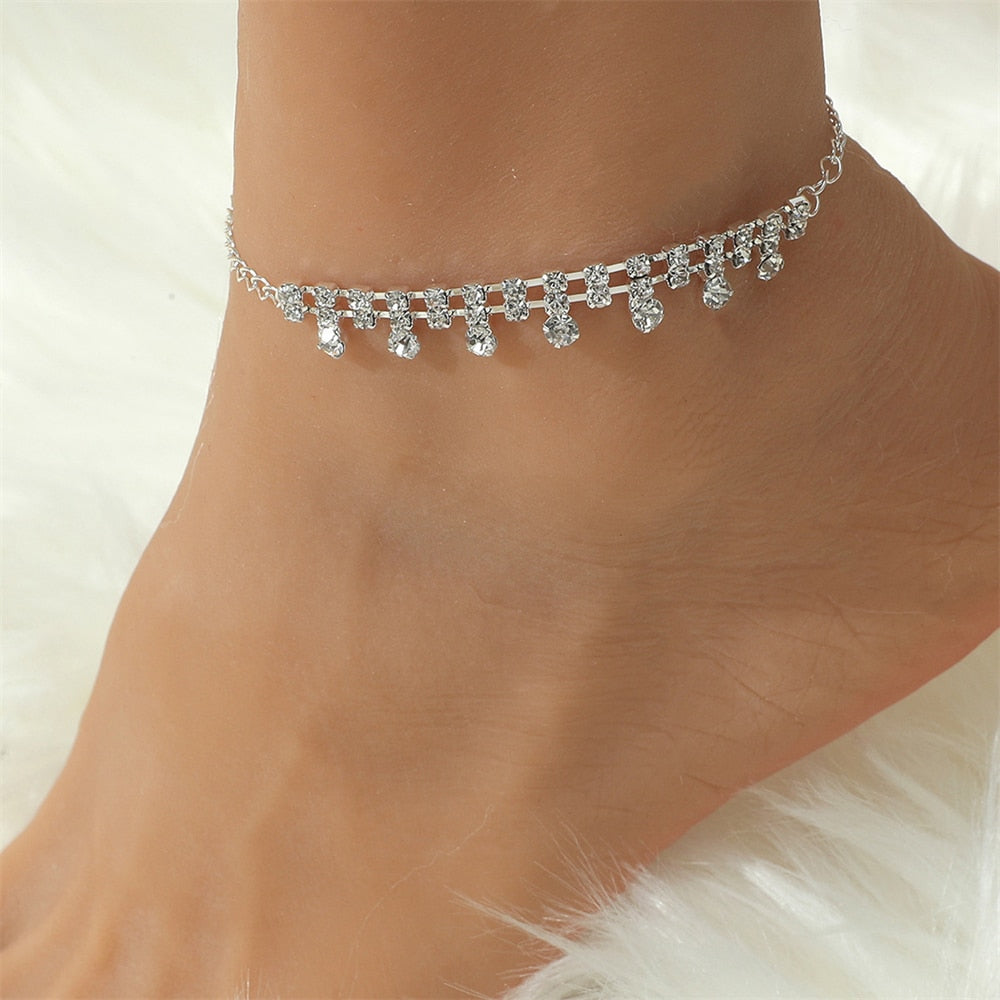 Ins Fashion Silver Color Rhinestone Double Heart Anklet for Women Bling Hollow Out Love Foot Ankle Leg Bracelet Chain Jewelry