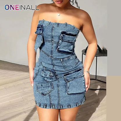 ONEINALL Summer Denim Dresses For Women Strapless Sleeveless Backless High Waist Patchwork Zipper Slimming Mini Dress Female New