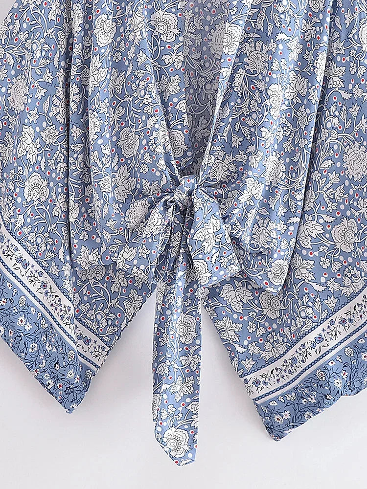 Vintage Porcelain Floral Boho Kimono Short Beach Robe