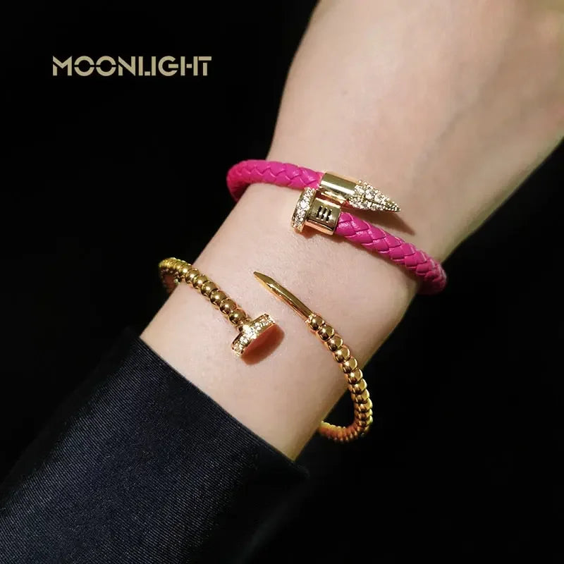 MOONLIGHT Genuine Braided Leather Bracelet for Woman High Quality Classic Cubic Zirconia Nail Bracelet Female Jewelry Gifts