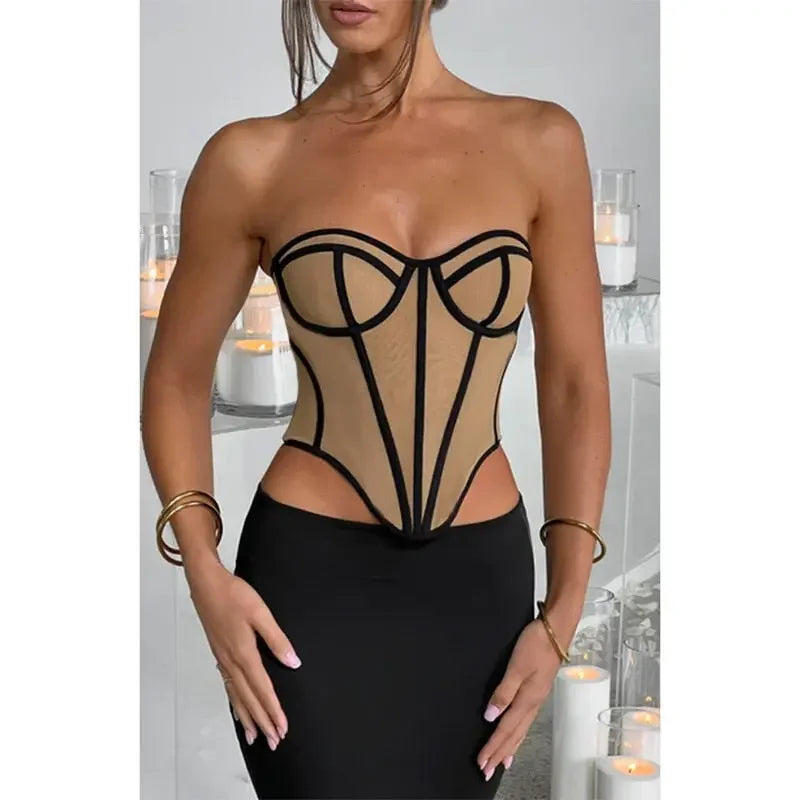 Sexy Slim Line Patchwork Sleeveless Corset Tops Women Backless Slight Stretch Summer 2023 Strapless Clothes Female Club Wear