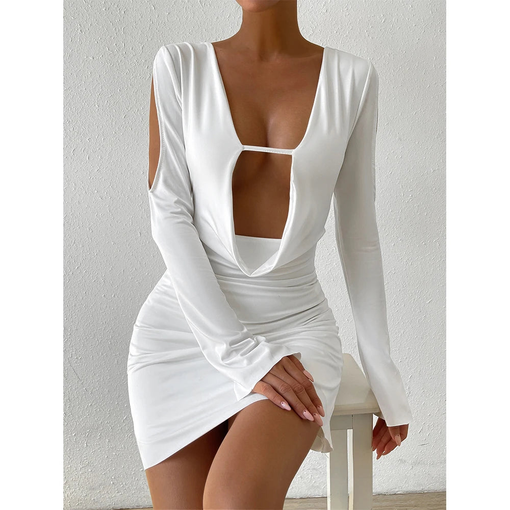 Sexy Hollow Out White Mini Dresses Autumn Long Sleeved Pleated Bodycon Dress for Women Night Club Backless Slim Party Dresses LUXLIFE BRANDS
