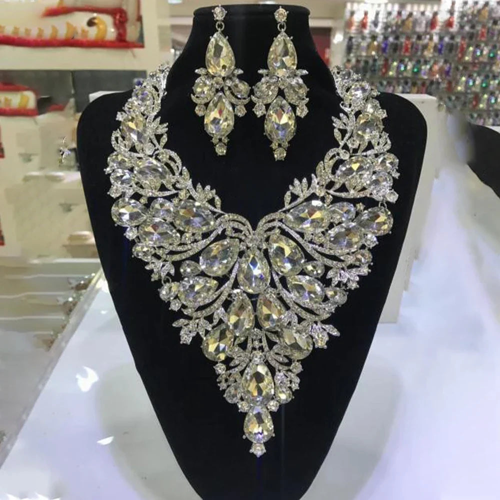 Multicolored Rhinestone Drop Necklace & Earring Set
