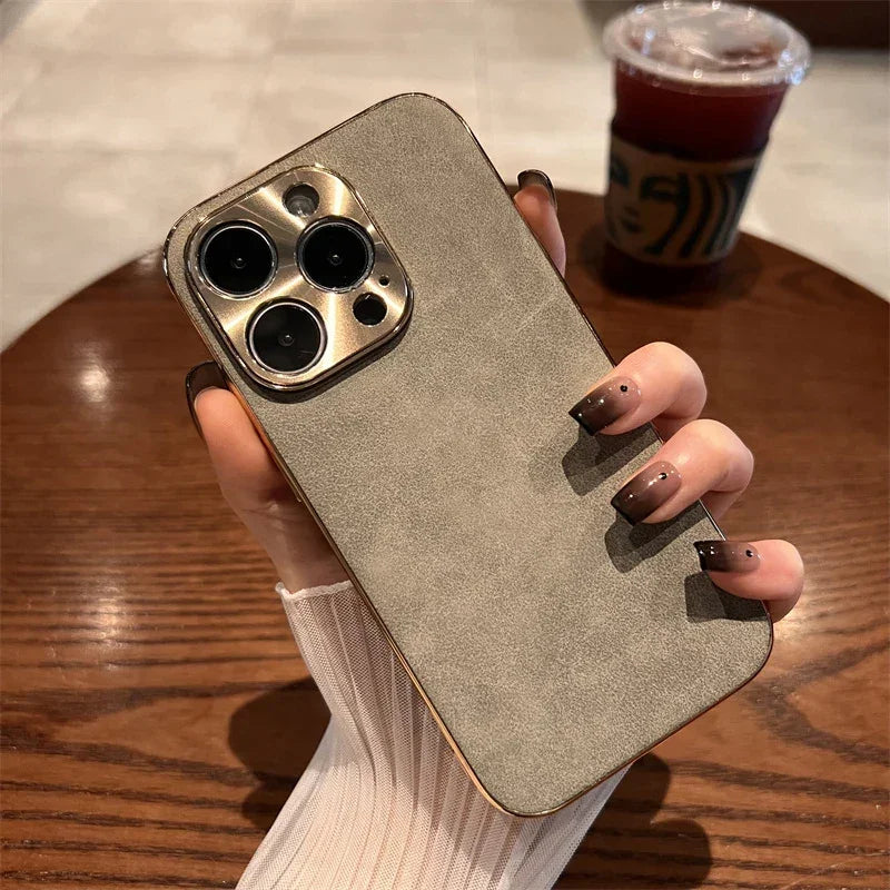 Sheepskin Phone Case For iPhone 15 11 13 12 14 16 Pro Max Plus Plating Bumper Turn Fur Lambskin Leather Metal Lens Phone Cover