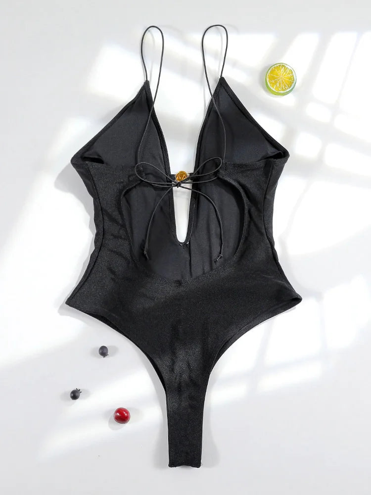 Miyouj Solid Color Swimwear Women's Swimsuit Bandage One Piece Suit High Waist Beachwear High Cut Bathsuit Hollow Out Swimsuits