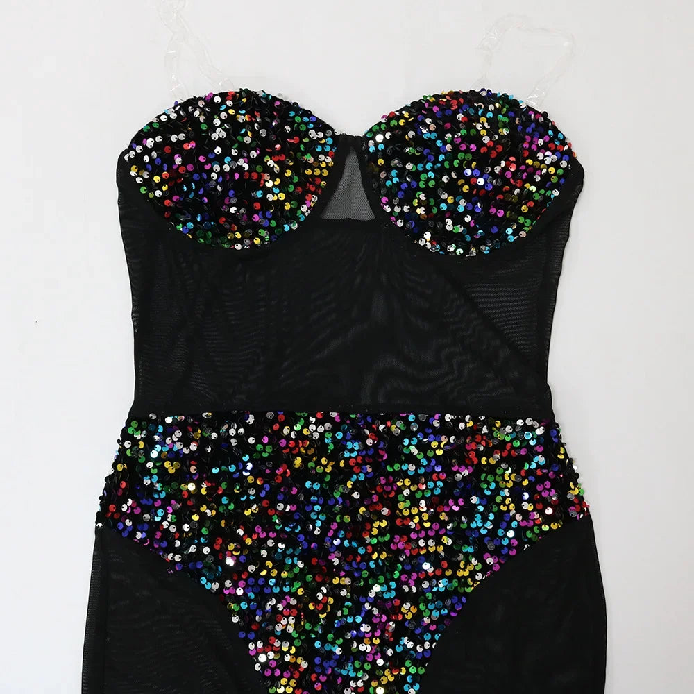 Sexy Mesh Sequin Prom Corset Dress Long Luxury See Through Strapless Night Club Outfits Evening Gowns Party Bodycon Maxi Dresses LUXLIFE BRANDS