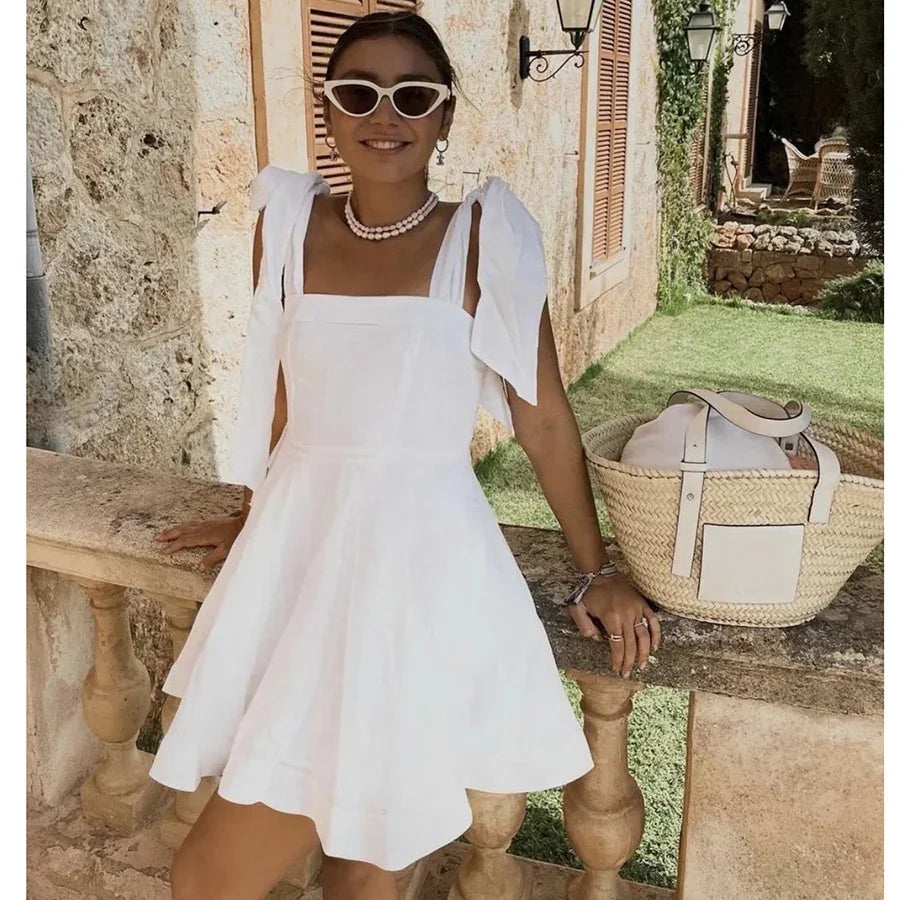 GypsyLady White Elegant Sexy Mini Dress Cotton Summer Holiday Women Dress Bow Tie V-neck Backless Ladies Party Dress Vestidos