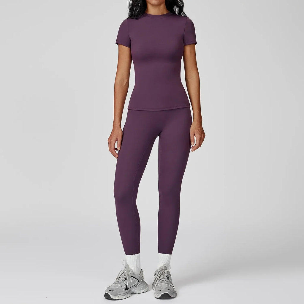 Hearuisavy Women 2 Piece Sport Pants Set Gym Sportswear Workout Short Sleeves Female Push Up Yoga Pants Running Fitness Clothing