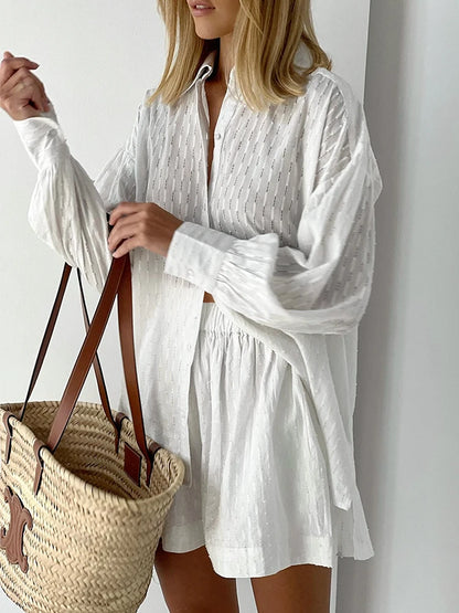 2022 Women Spring Summer Loose Fit 2 Two Piece Set Outfits Bohemian Blouse Suit Solid White Shorts Sets For Women