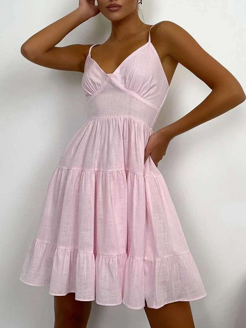 Wolfeel Spring Summer Women's Linen Cotton Dress Vintage  A-line Sling Dress Sexy Hot Girl V-neck Camisole RUFFLES Dress