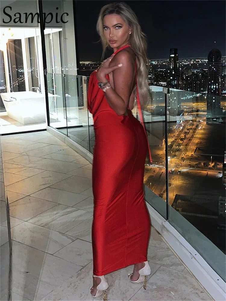 Sampic New Fashion Summer Women Clothes 2022 Red Long Wrap Halter Satin Dress Sexy Deep V Neck Party Night Club Backless Dress LUXLIFE BRANDS
