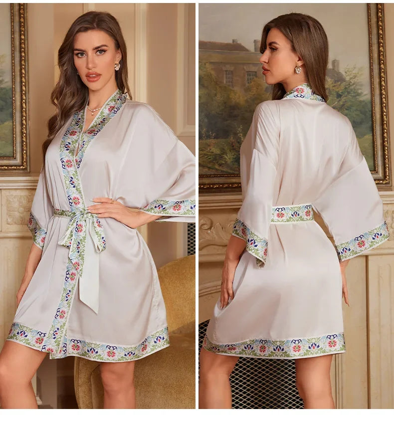 Female Robe Nightgown Summer Satin Sleepwear Loungewear Silky Printing Kimono Bathrobe Gown Yukata Sexy Casual Nightwear