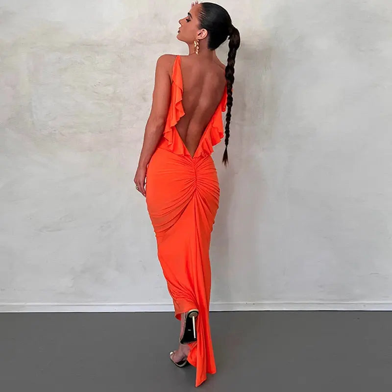 Backless Maxi Dress Elegant Red Long Sleeve Sexy Ruched Bodyocn Evening Party Dress for Women 2023 Spring Slim Christmas Outfits