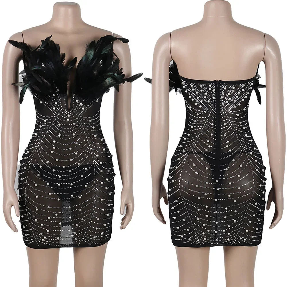 Off The Shoulder Mesh Rhinestone Beaded Feather Prom Corset Dress See Through Night Club Evening Wedding Party Sexy Mini Dresses LUXLIFE BRANDS