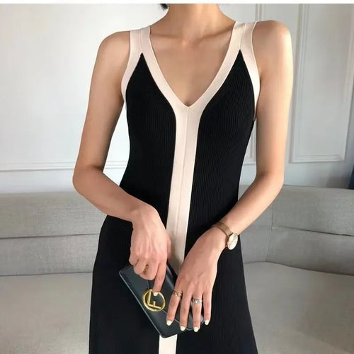 Fashion Women V-neck Maxi Dress Sexy Sling Sleeveless Dresses Knitted Long Dress Women Sweater Female - LUXLIFE BRANDS