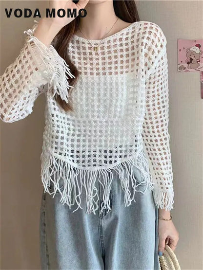 Summer Lady Fashion Hollow Out Harajuku Vintage Korean Style Long Sleeve Holiday Handmade Crochet Casual Knitted Pullovers Women LUXLIFE BRANDS