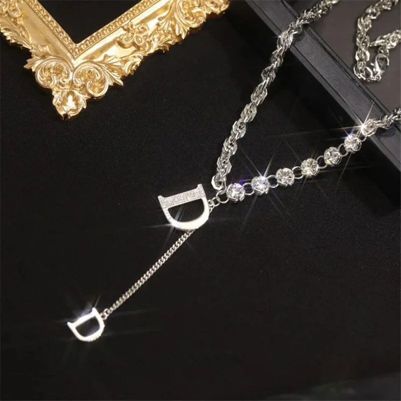 Luxury Design Zircon D Letter Pendant Long Necklace Winter Sweater Chain Fashion Jewelry For Woman Girls Party Gift LUXLIFE BRANDS