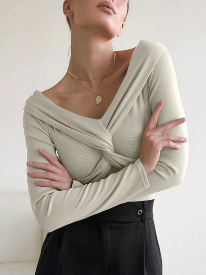 Aynaray 2023 Autumn Winter Women Off Shoulder Office Knitwear Tops Slim Pullover Solid Khaki Long Sleeve T-shirts Female