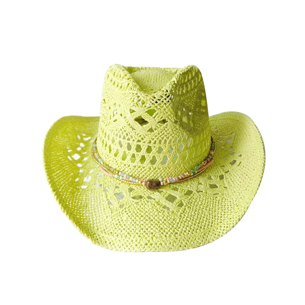 Melesh Western Women's Mint Green Cowboy Hat Straw Cowboy Hat Plasticity Strong Wide Brim Sunshine Beach Western Cowboy Hat
