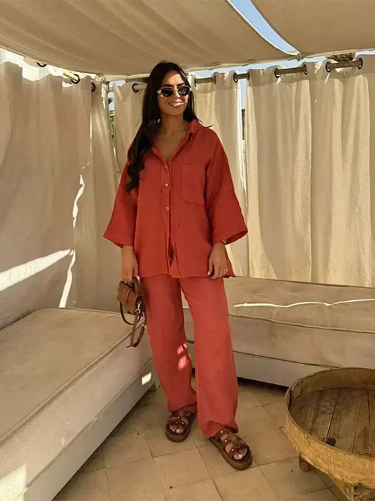 Casual shirt pants suit women's wide leg pants long sleeve shirt suit women's loose high street 2-piece set