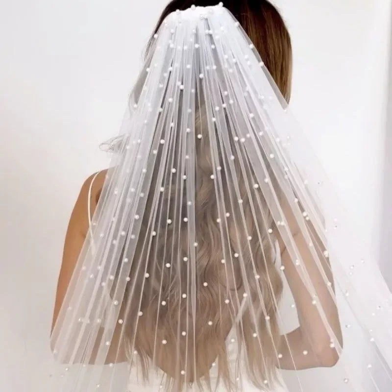 TOPQUEEN V05 Pearls Bridal Veil Soft 1 Tier Beaded Wedding Veil for Bride Cathedral Length with Comb Wedding Accessories LUXLIFE BRANDS