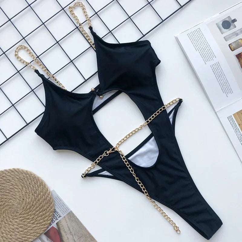 Sexy Metal Chains String High Cut One Piece Swimsuit Women Swimwear Female Monokini Tummy Cut Out Bathing Suit Swim Beach Wear