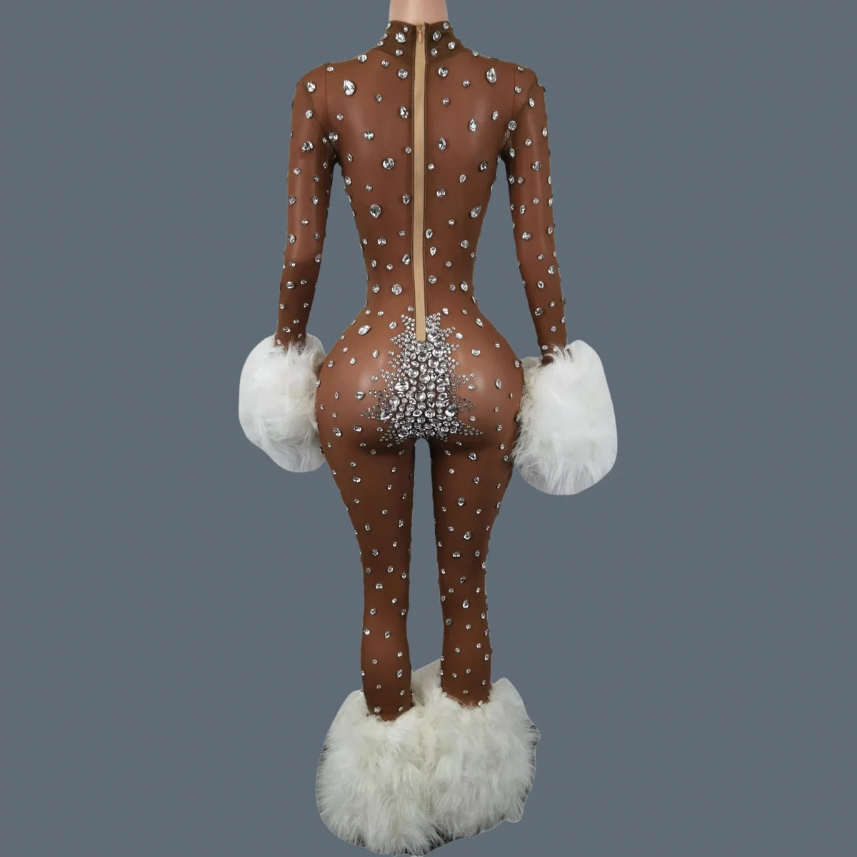 Sparkly Rhinestone & Feather Cuffed Jumpsuit Stage Performance Catsuit Costume