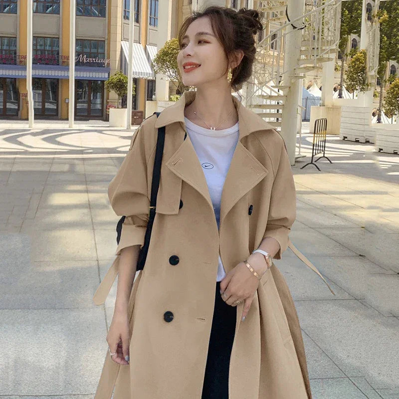 British Style Long Trench Coats Classic Double Breasted Windbreaker Elegant Womens Loose Overcoats Korean Fashion Blue Gabardina LUXLIFE BRANDS