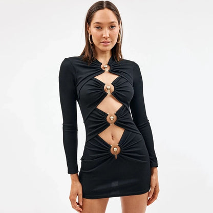 New Summer Women O Neck Bandage Dress Sexy Full Sleeve Hollow Metal Ring Button Design Elegant Bodycon Celebrity Party Dresses